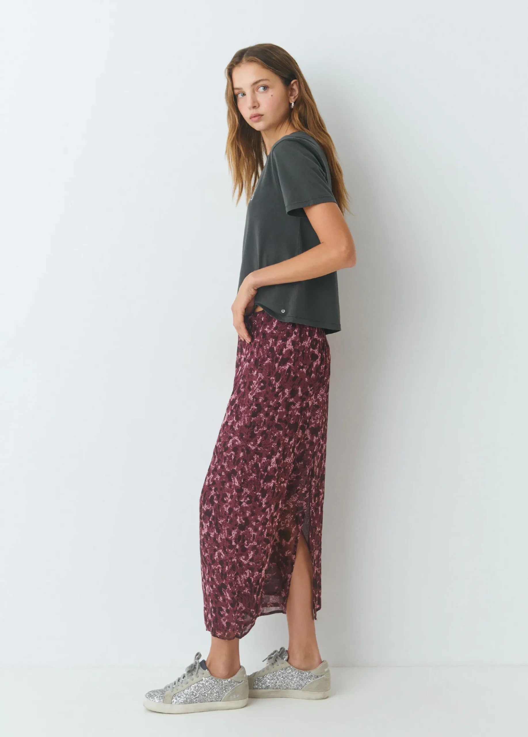 Falda midi estampada brillo
