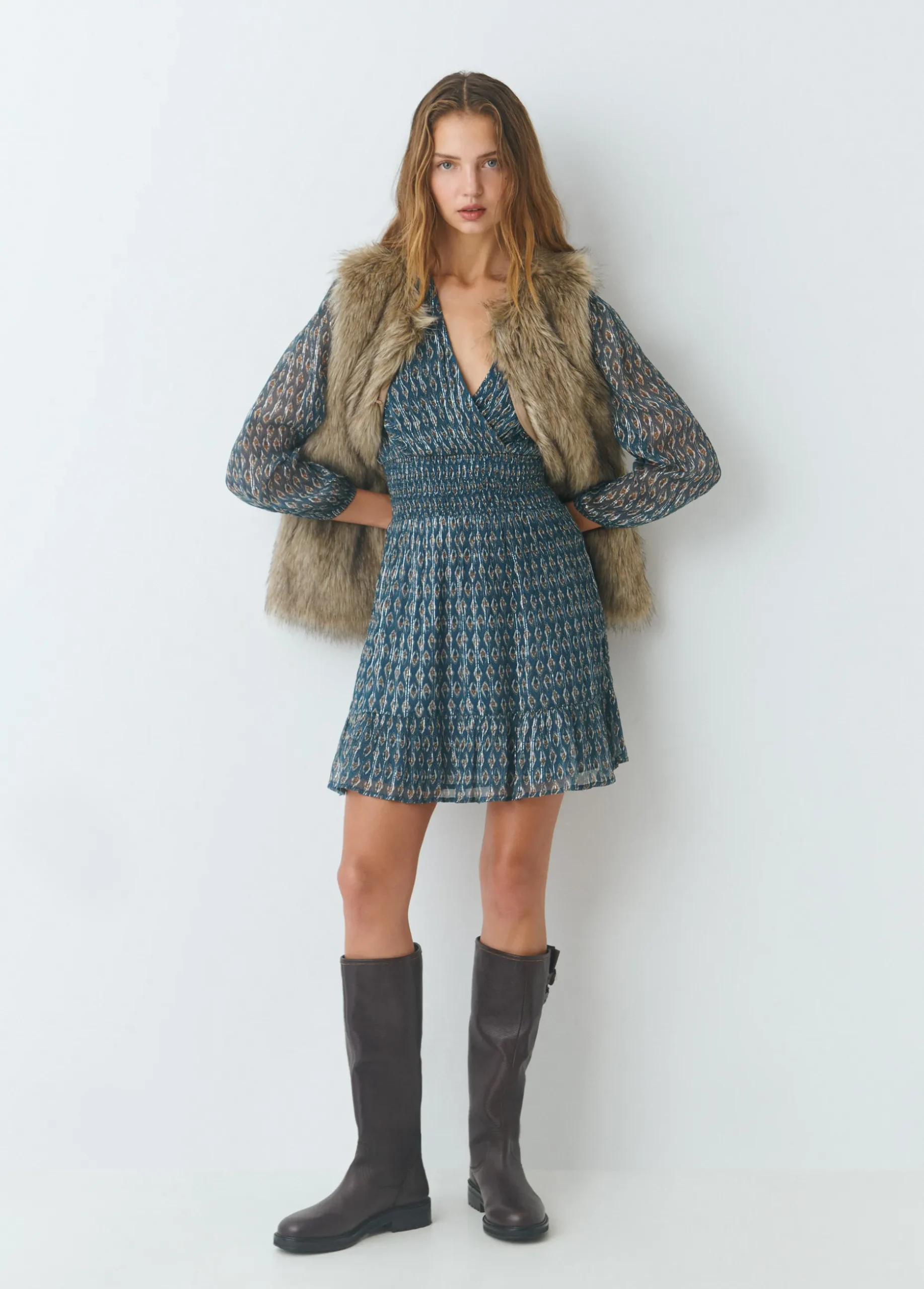 Vestido smock cintura sello indio brillo